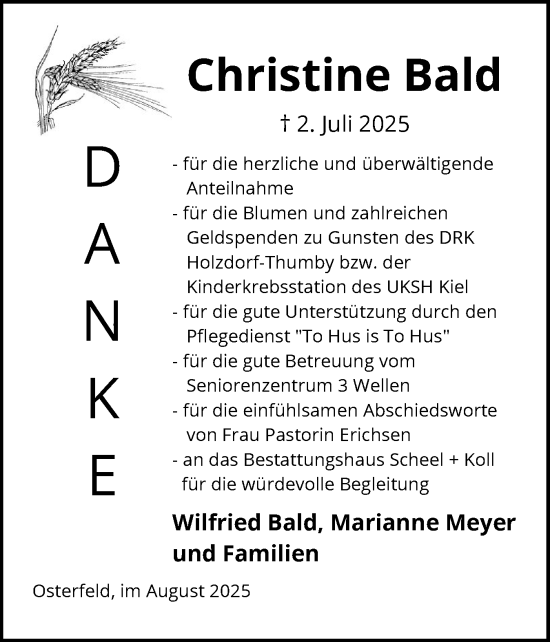 Traueranzeige von Christine Bald von Eckernförder Zeitung, Hallo Eckernförde