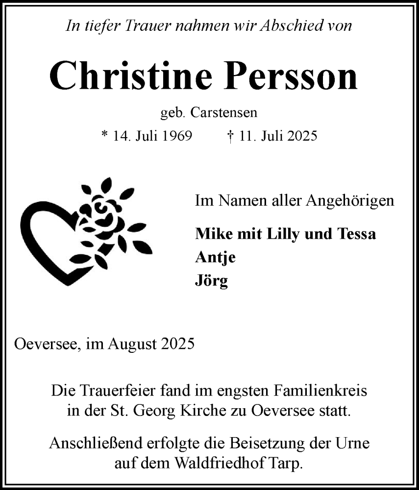  Traueranzeige für Christine Persson vom 09.08.2025 aus Flensburger Tageblatt
