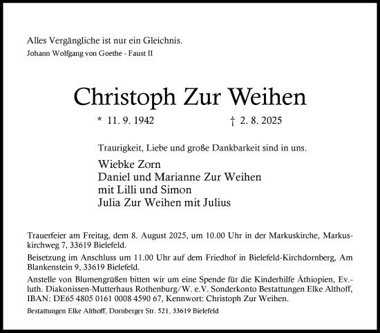 Traueranzeige von Christoph Zur Weihen von Der Insel-Bote