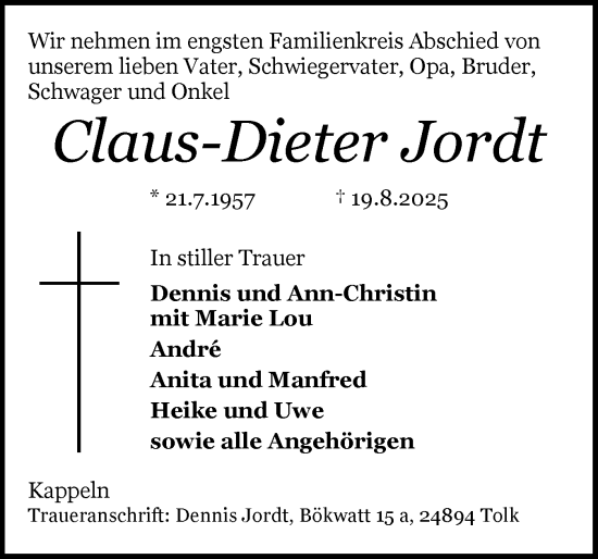 Traueranzeige von Claus-Dieter Jordt von Schleswiger Nachrichten, Schlei-Bote