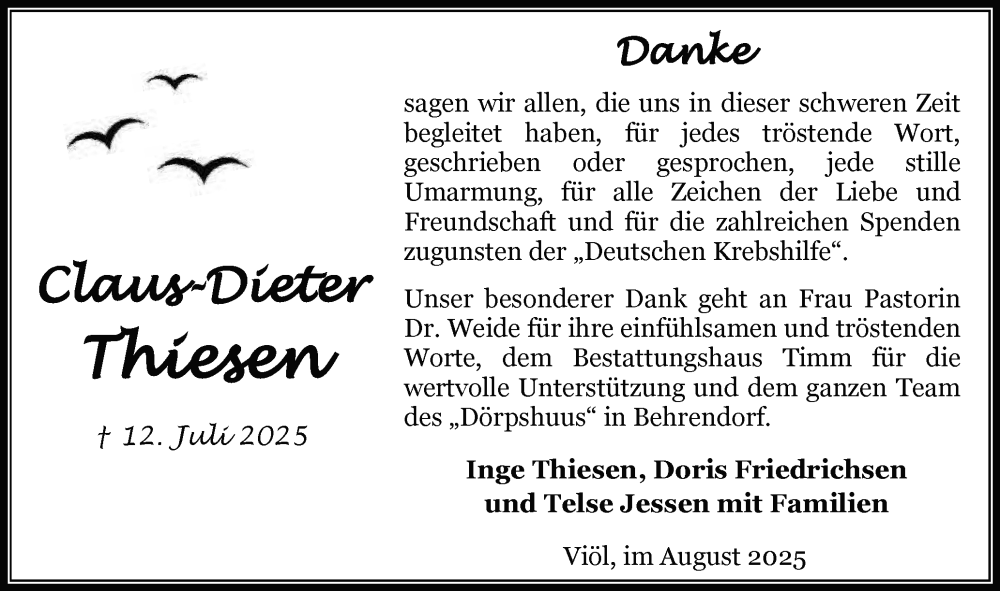  Traueranzeige für Claus-Dieter Thiesen vom 23.08.2025 aus Husumer Nachrichten, Nordfriesland Tageblatt