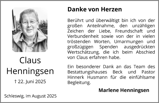 Traueranzeige von Claus Henningsen von Schleswiger Nachrichten, Schlei-Bote