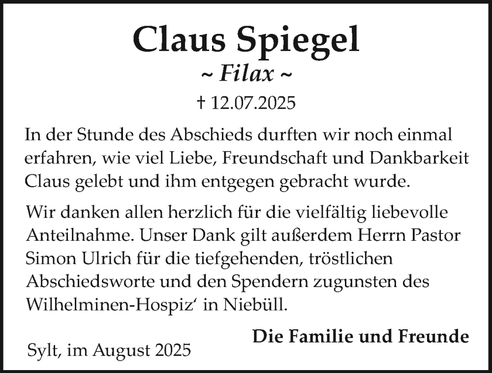  Traueranzeige für Claus Spiegel vom 09.08.2025 aus Sylter Rundschau