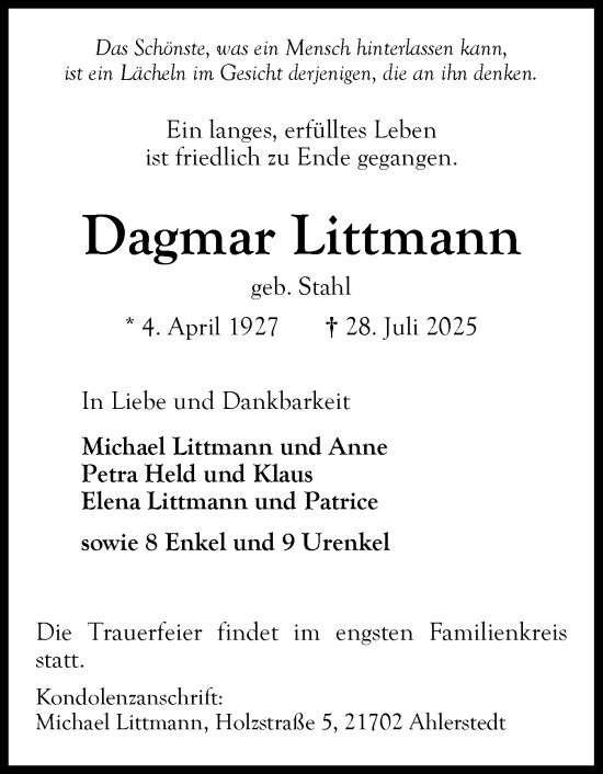 Traueranzeige von Dagmar Littmann von Ostholsteiner Anzeiger