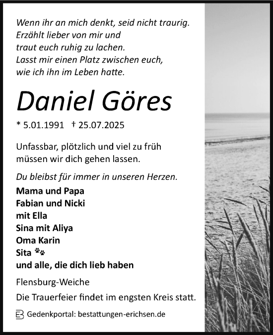 Traueranzeige von Daniel Göres von Flensburger Tageblatt