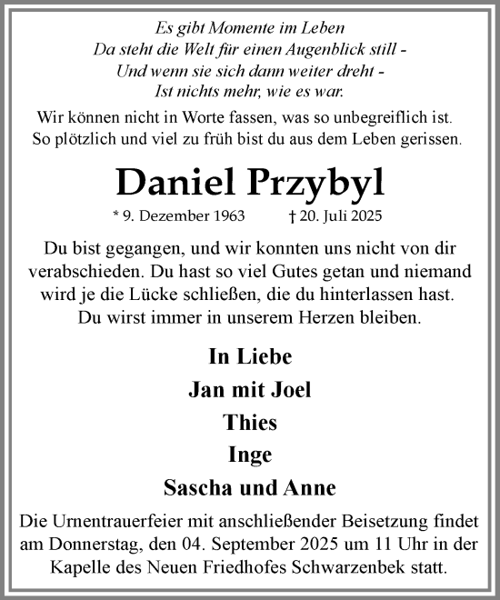 Traueranzeige von Daniel Przybyl von MARKT Ratzeburg/Mölln