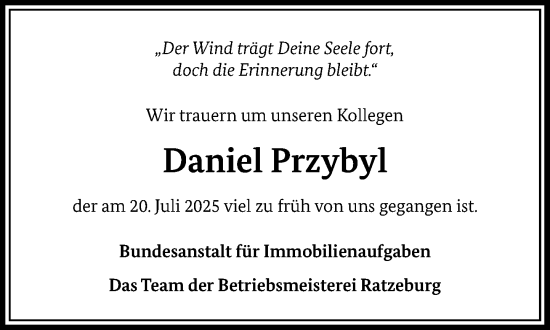 Traueranzeige von Daniel Przybyl von MARKT Ratzeburg/Mölln
