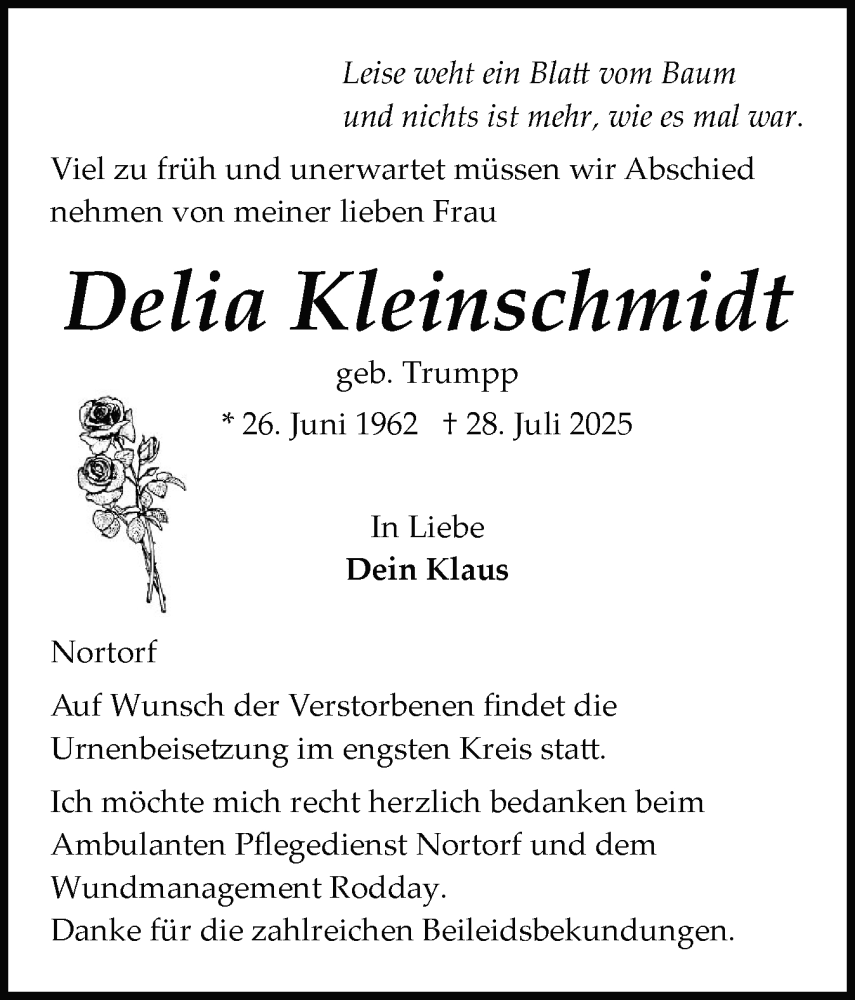  Traueranzeige für Delia Kleinschmidt vom 16.08.2025 aus Schleswig-Holsteinische Landeszeitung