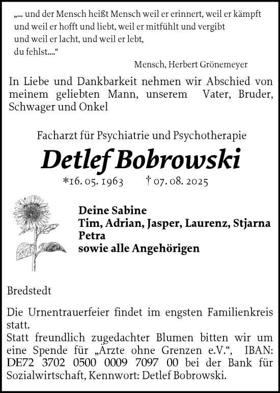 Traueranzeige von Detlef Bobrowski von Husumer Nachrichten, Nordfriesland Tageblatt