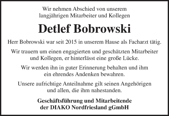 Traueranzeige von Detlef Bobrowski von Husumer Nachrichten, Nordfriesland Tageblatt