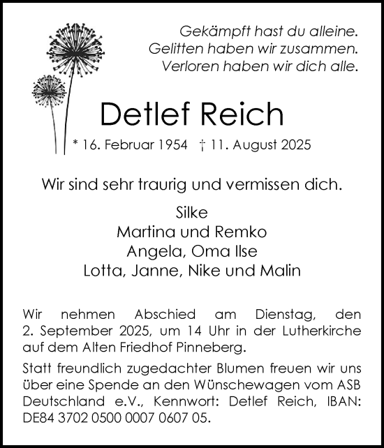 Traueranzeige von Detlef Reich von Region Pinneberg und tip Pinneberg