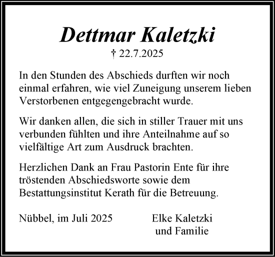 Traueranzeige von Dettmar Kaletzki von Schleswig-Holsteinische Landeszeitung