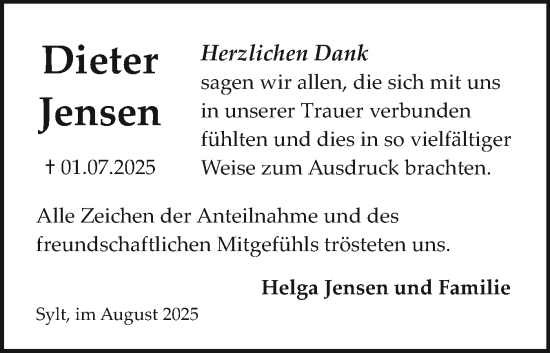Traueranzeige von Dieter Jensen von Sylter Rundschau