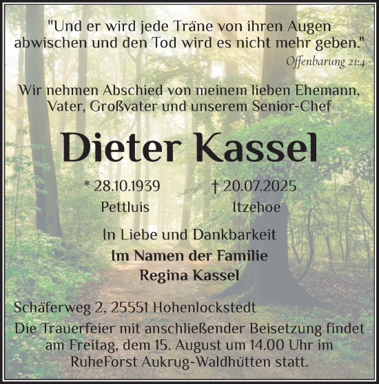 Traueranzeige von Dieter Kassel von Norddeutsche Rundschau, Wilstersche Zeitung, Glückstädter Fortuna