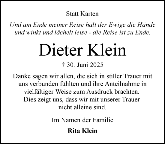 Traueranzeige von Dieter Klein von Schleswig-Holsteinische Landeszeitung