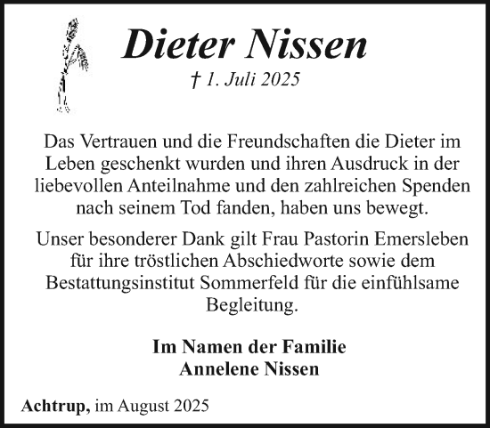Traueranzeige von Dieter Nissen von Region Flensburg