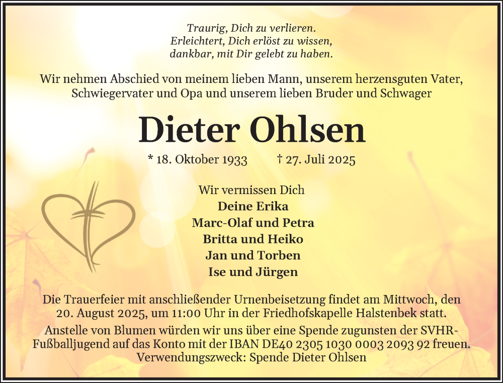  Traueranzeige für Dieter Ohlsen vom 16.08.2025 aus Region Pinneberg und tip Pinneberg