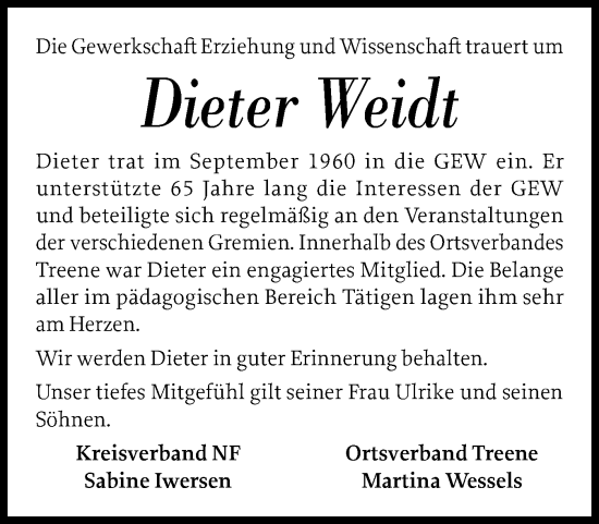 Traueranzeige von Dieter Weidt von Husumer Nachrichten, Nordfriesland Tageblatt