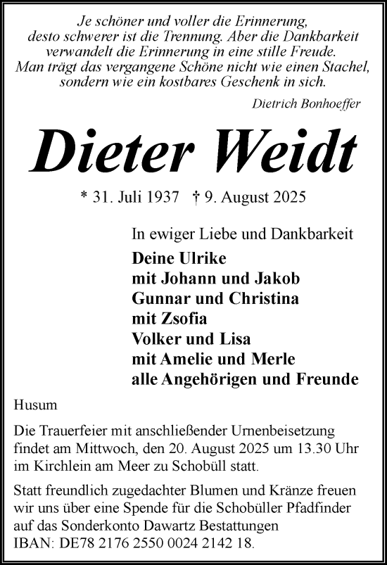Traueranzeige von Dieter Weidt von Husumer Nachrichten, Nordfriesland Tageblatt