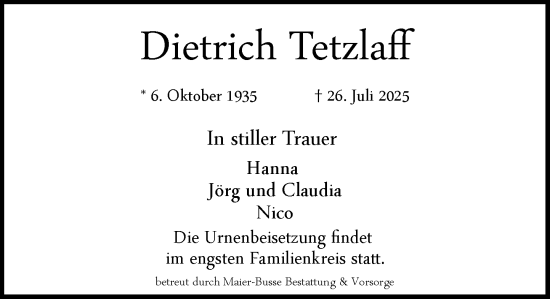 Traueranzeige von Dietrich Tetzlaff von MARKT Glinde/Reinbek