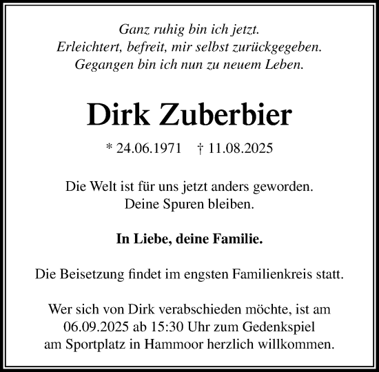 Traueranzeige von Dirk Zuberbier von MARKT Ahrensburg/Bargteheide/Trittau und Stormarner Tageblatt