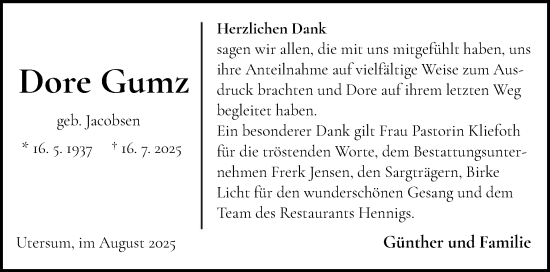 Traueranzeige von Dore Gumz von Der Insel-Bote