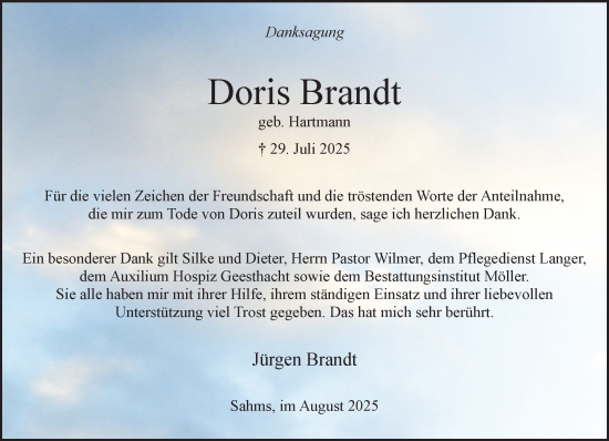 Traueranzeige von Doris Brandt von Wochenend Anzeiger