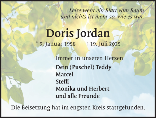 Traueranzeige von Doris Jordan von Region Pinneberg und tip Pinneberg