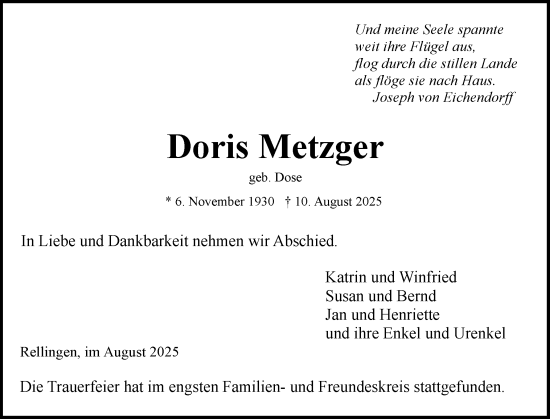 Traueranzeige von Doris Metzger von Region Pinneberg und tip Pinneberg