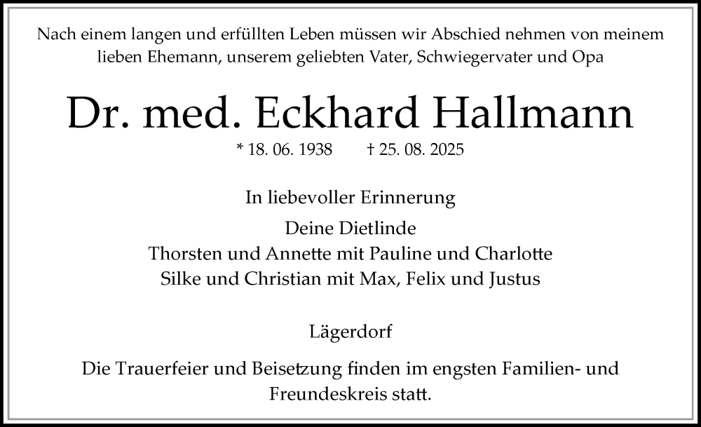  Traueranzeige für Eckhard Hallmann vom 30.08.2025 aus Norddeutsche Rundschau, Wilstersche Zeitung, Glückstädter Fortuna