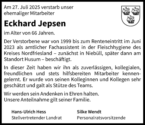 Traueranzeige von Eckhard Jepsen von Husumer Nachrichten, Nordfriesland Tageblatt