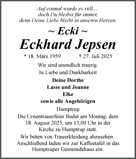 Traueranzeige von Eckhard Jepsen von Husumer Nachrichten, Nordfriesland Tageblatt