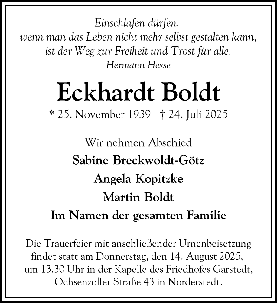  Traueranzeige für Eckhardt Boldt vom 09.08.2025 aus Heimatspiegel