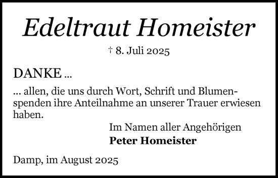 Traueranzeige von Edeltraut Homeister von Schleswiger Nachrichten, Schlei-Bote