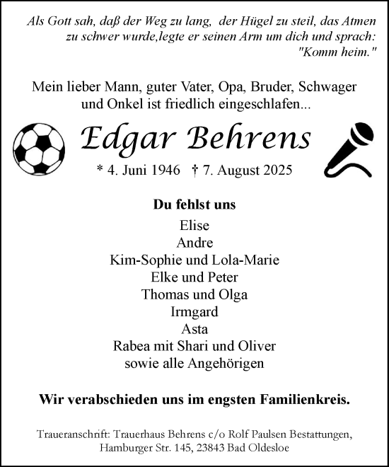 Traueranzeige von Edgar Behrens von MARKT Bad Oldesloe/Reinfeld und Stormarner Tageblatt