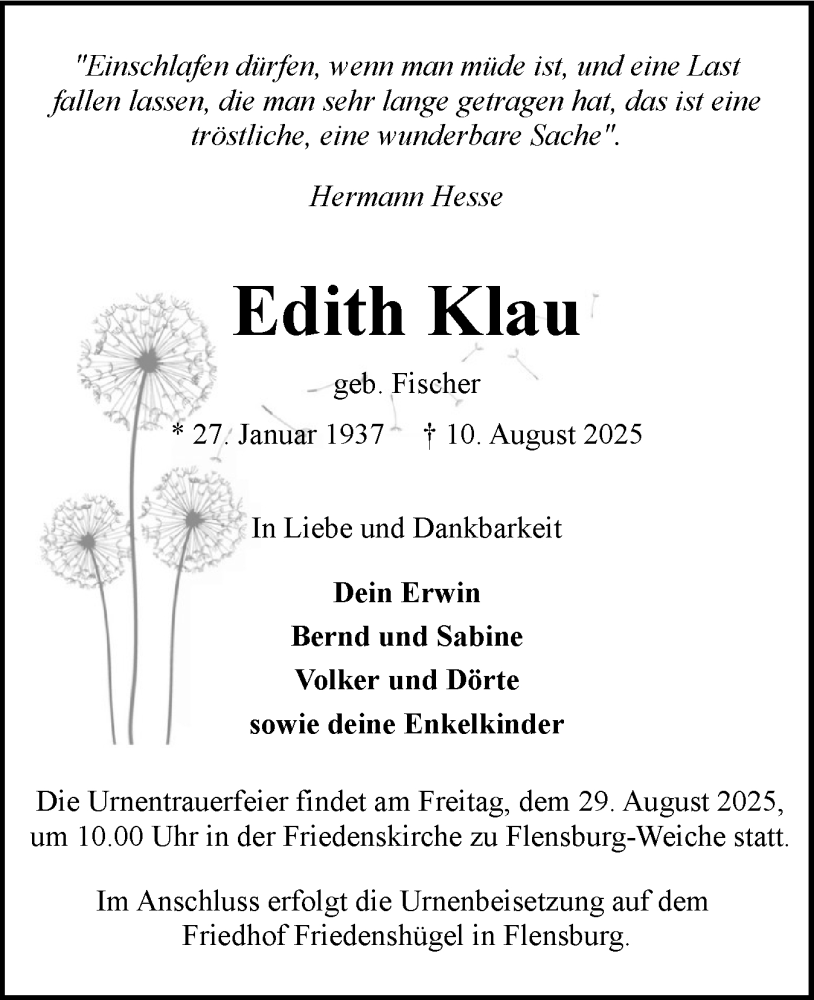  Traueranzeige für Edith Klau vom 23.08.2025 aus Flensburger Tageblatt