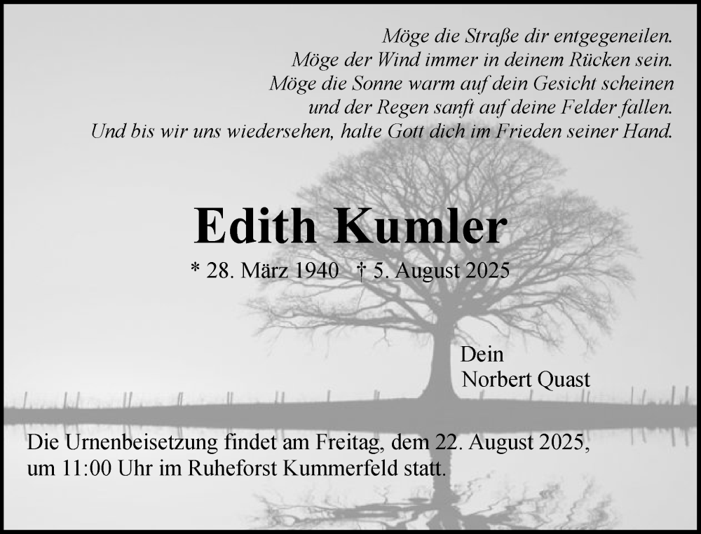  Traueranzeige für Edith Kumler vom 16.08.2025 aus Region Pinneberg und tip Pinneberg