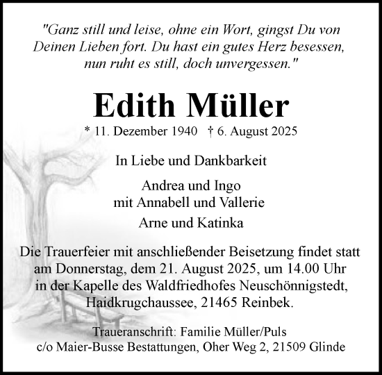 Traueranzeige von Edith Müller von MARKT Glinde/Reinbek