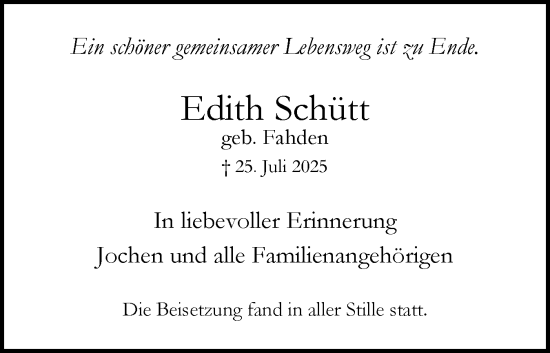 Traueranzeige von Edith Schütt von Region Pinneberg und tip Pinneberg