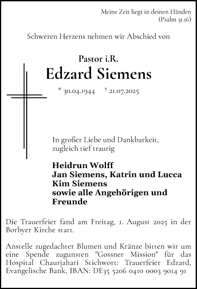  Traueranzeige für Edzard Siemens vom 02.08.2025 aus Hallo Eckernförde