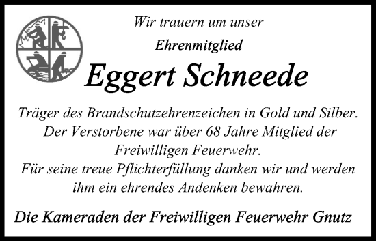 Traueranzeige von Eggert Schneede von Schleswig-Holsteinische Landeszeitung