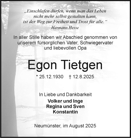 Traueranzeige von Egon Tietgen von Holsteinischer Courier