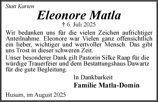 Traueranzeige von Eleonore Matla von Husumer Nachrichten, Nordfriesland Tageblatt