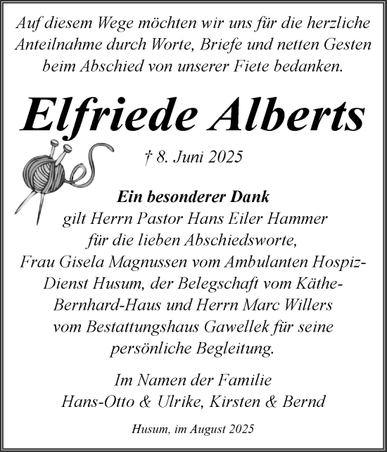 Traueranzeige von Elfriede Alberts von Husumer Nachrichten, Nordfriesland Tageblatt