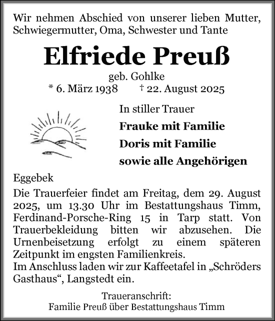 Traueranzeige von Elfriede Preuß von Flensburger Tageblatt, Schleswiger Nachrichten, Schlei-Bote