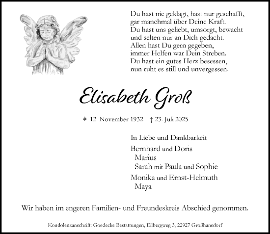 Traueranzeige von Elisabeth Groß von MARKT Ahrensburg/Bargteheide/Trittau und Stormarner Tageblatt