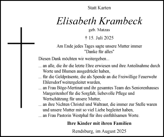 Traueranzeige von Elisabeth Krambeck von Schleswig-Holsteinische Landeszeitung