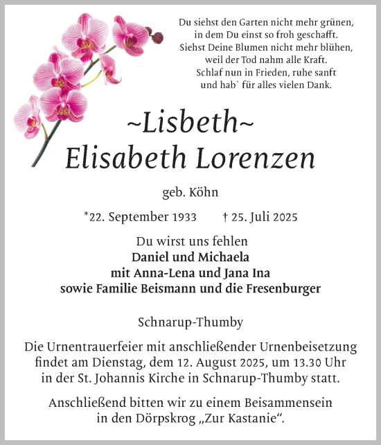 Traueranzeige von Elisabeth Lorenzen von Schleswiger Nachrichten, Schlei-Bote