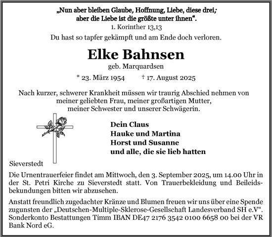 Traueranzeige von Elke Bahnsen von Flensburger Tageblatt