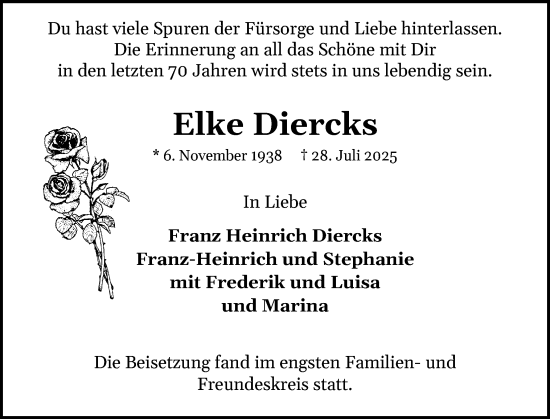 Traueranzeige von Elke Diercks von Wedel-Schulauer Tageblatt, tip Wedel-Schulauer Tageblatt, tip Rissener Rundschau